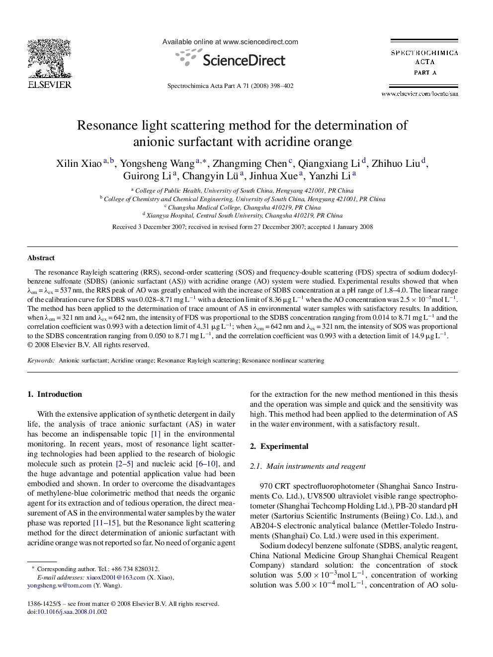 Resonance light scattering method for the determination of anionic surfactant with acridine orange