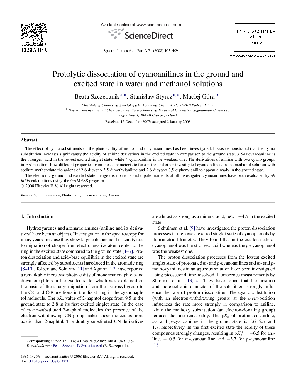 Protolytic dissociation of cyanoanilines in the ground and excited state in water and methanol solutions