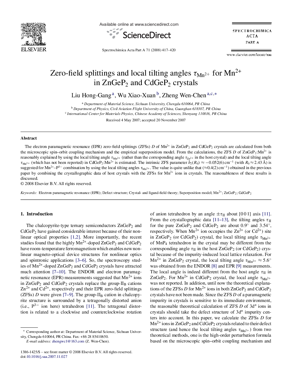 Zero-field splittings and local tilting angles τMn2+τMn2+ for Mn2+ in ZnGeP2 and CdGeP2 crystals