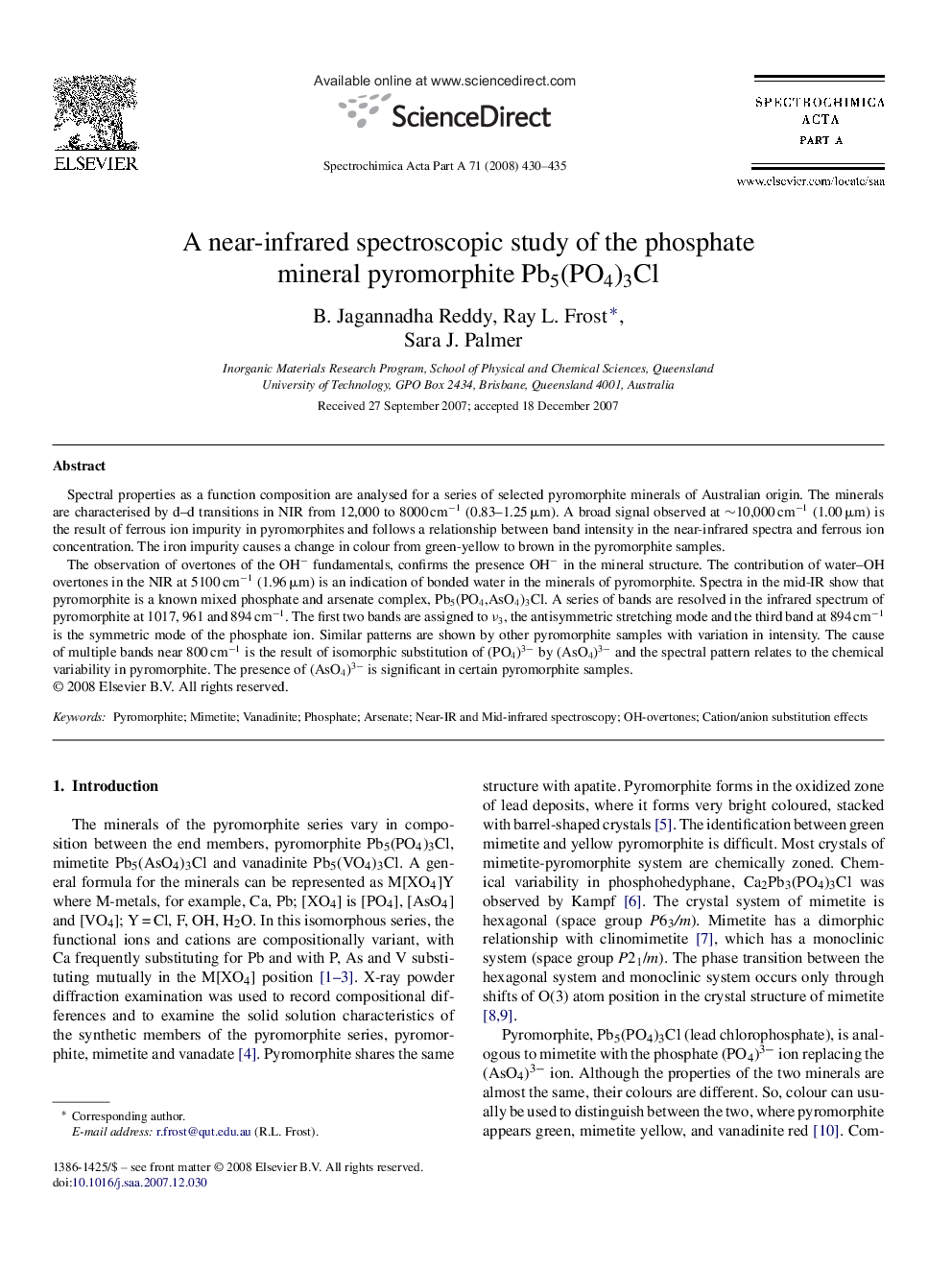 A near-infrared spectroscopic study of the phosphate mineral pyromorphite Pb5(PO4)3Cl