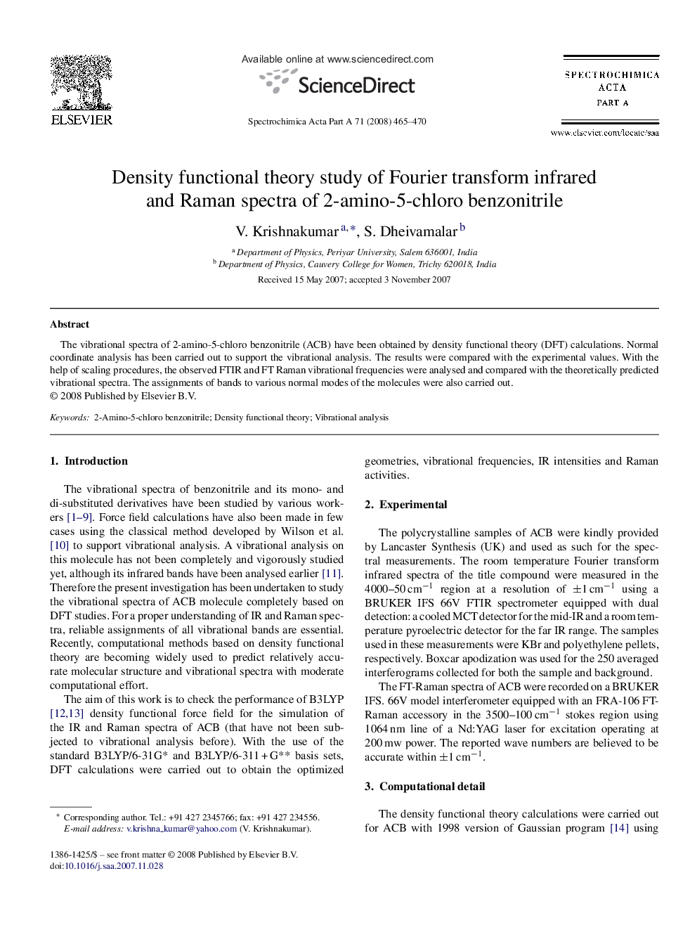 Density functional theory study of Fourier transform infrared and Raman spectra of 2-amino-5-chloro benzonitrile