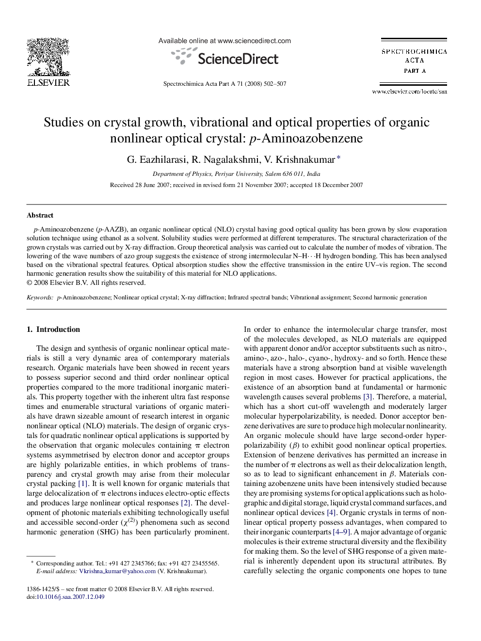 Studies on crystal growth, vibrational and optical properties of organic nonlinear optical crystal: p-Aminoazobenzene