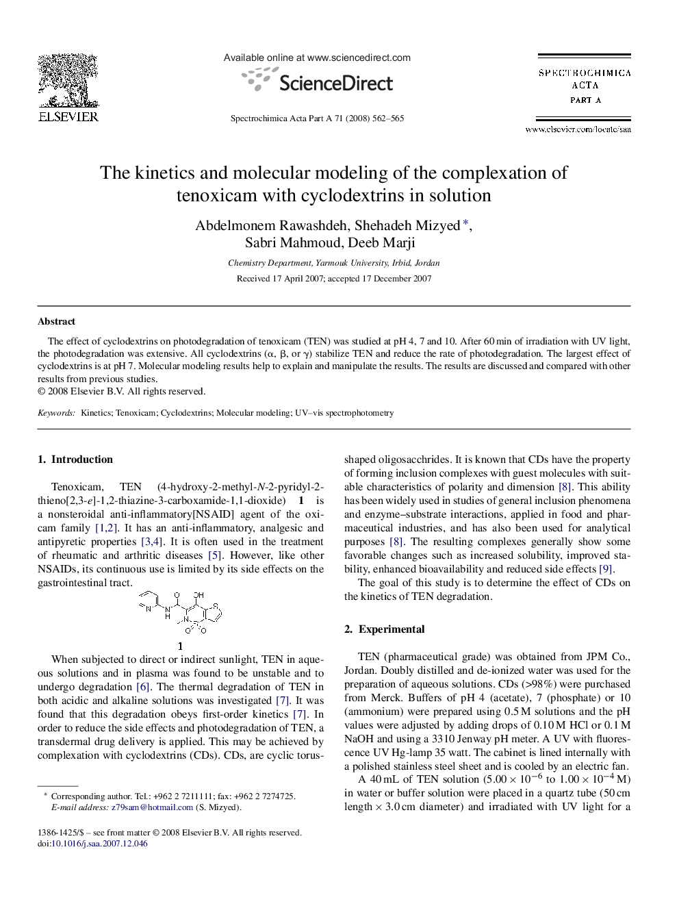 The kinetics and molecular modeling of the complexation of tenoxicam with cyclodextrins in solution