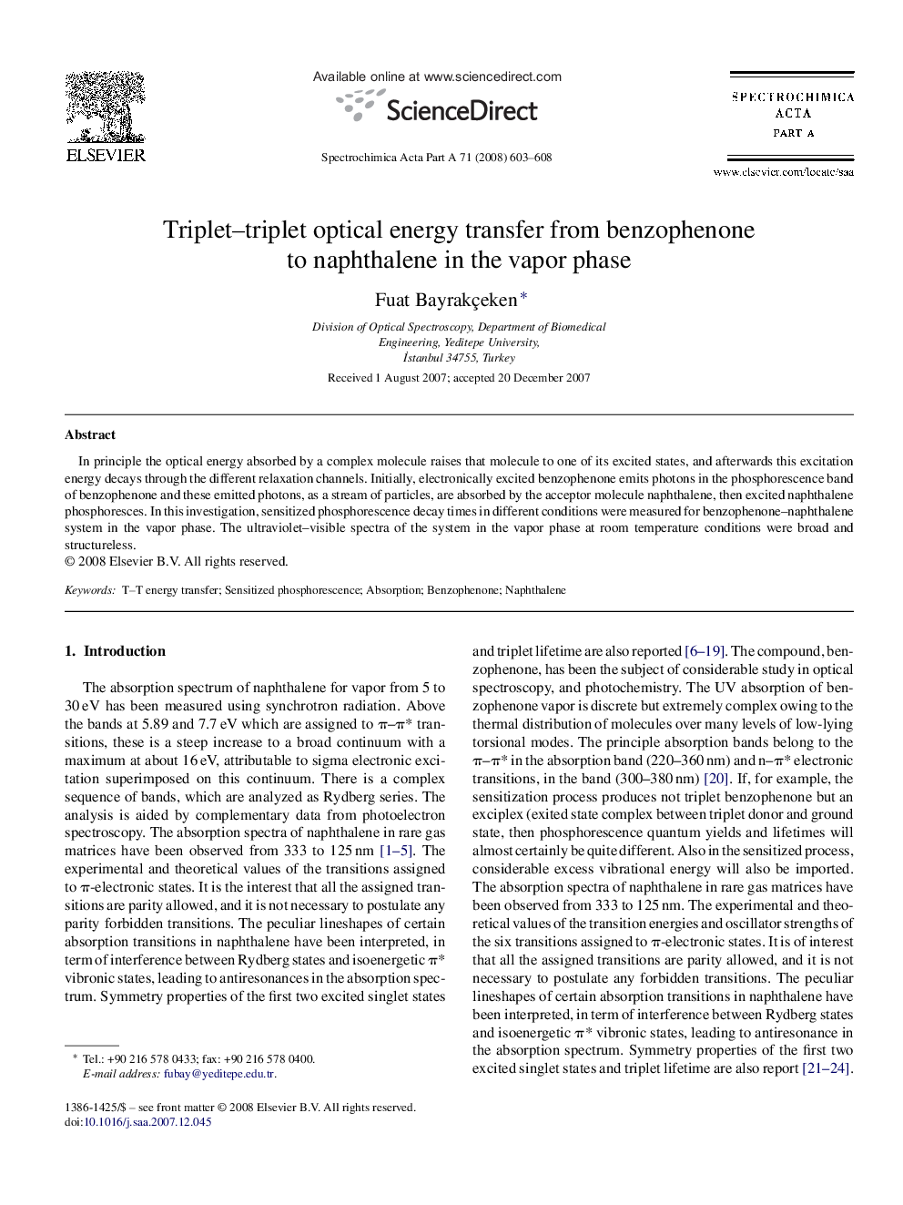 Triplet–triplet optical energy transfer from benzophenone to naphthalene in the vapor phase