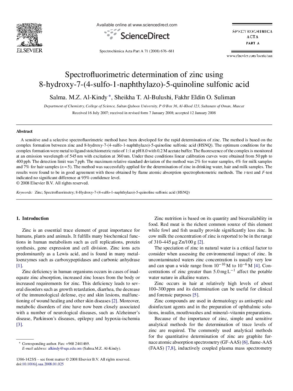 Spectrofluorimetric determination of zinc using 8-hydroxy-7-(4-sulfo-1-naphthylazo)-5-quinoline sulfonic acid