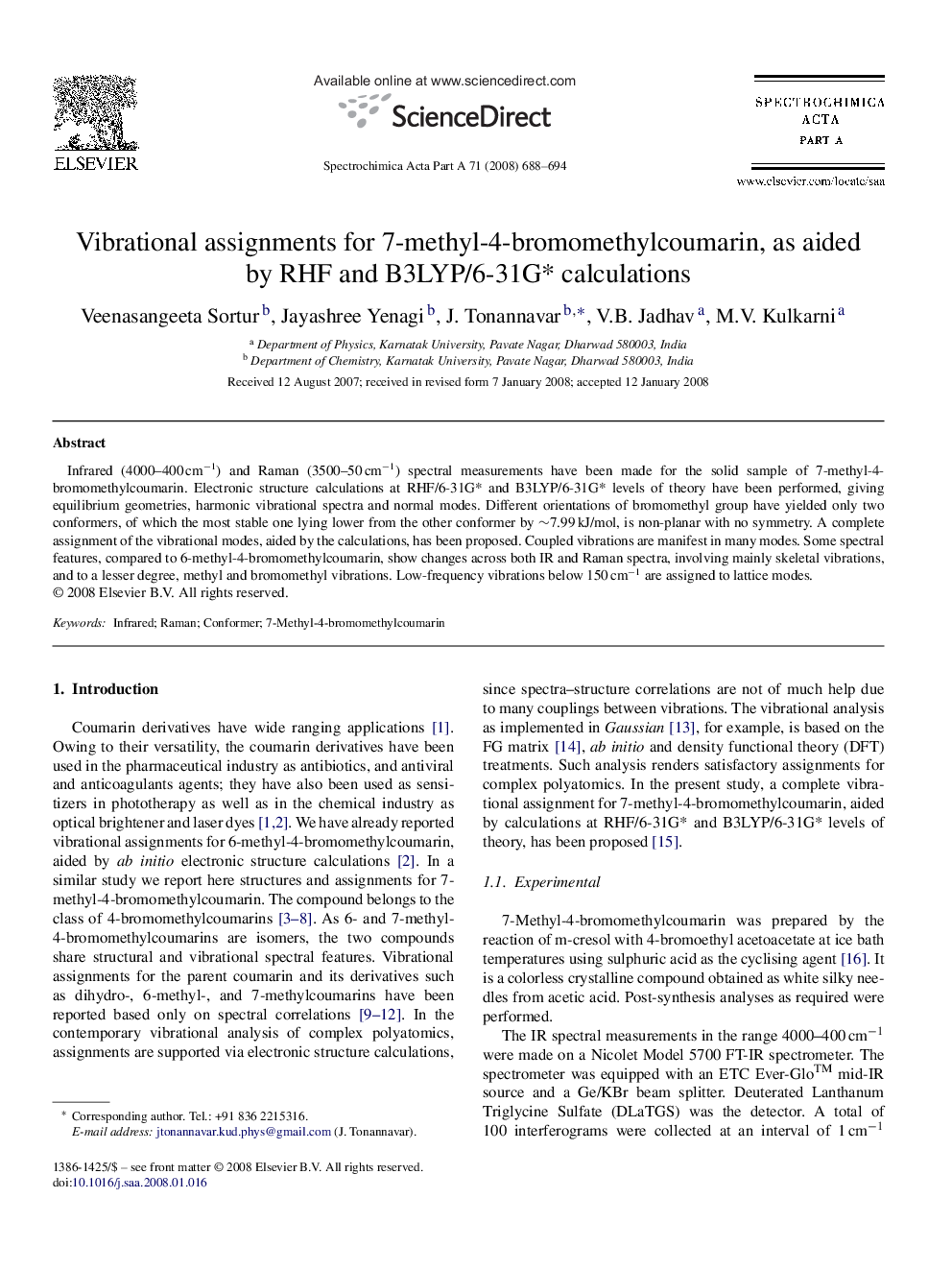 Vibrational assignments for 7-methyl-4-bromomethylcoumarin, as aided by RHF and B3LYP/6-31G* calculations