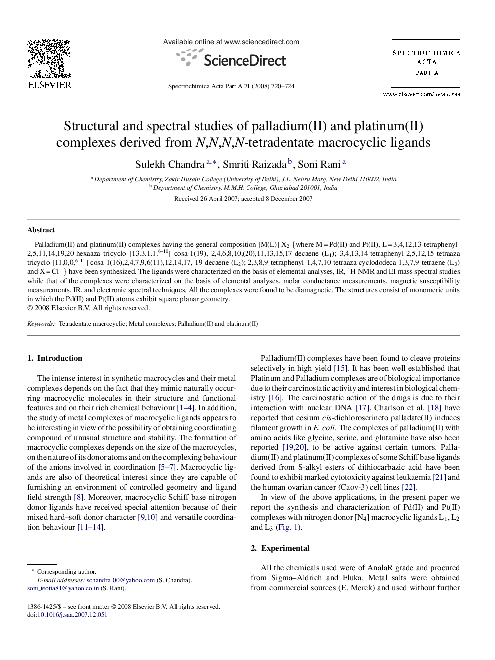 Structural and spectral studies of palladium(II) and platinum(II) complexes derived from N,N,N,N-tetradentate macrocyclic ligands