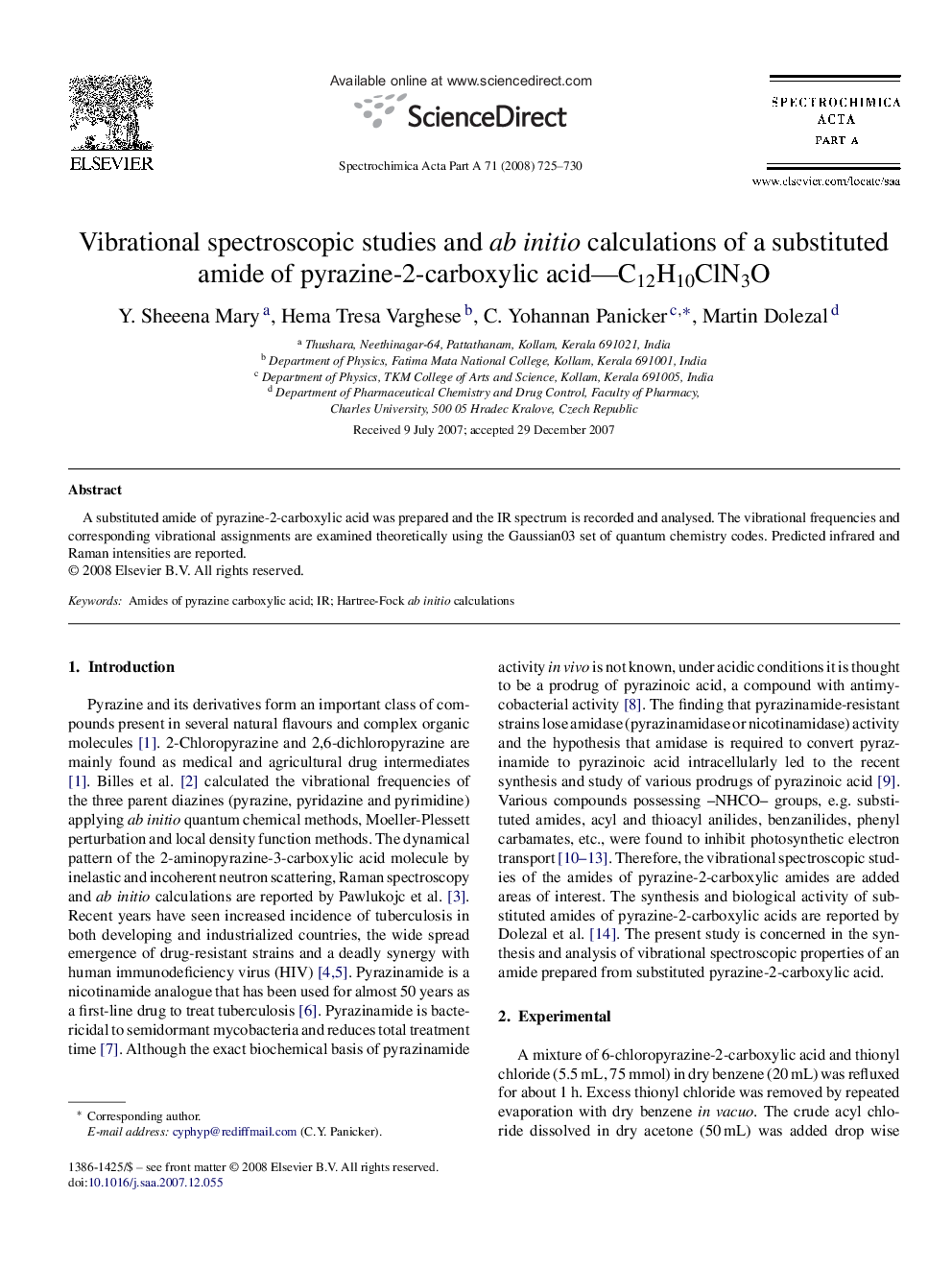 Vibrational spectroscopic studies and ab initio calculations of a substituted amide of pyrazine-2-carboxylic acid—C12H10ClN3O