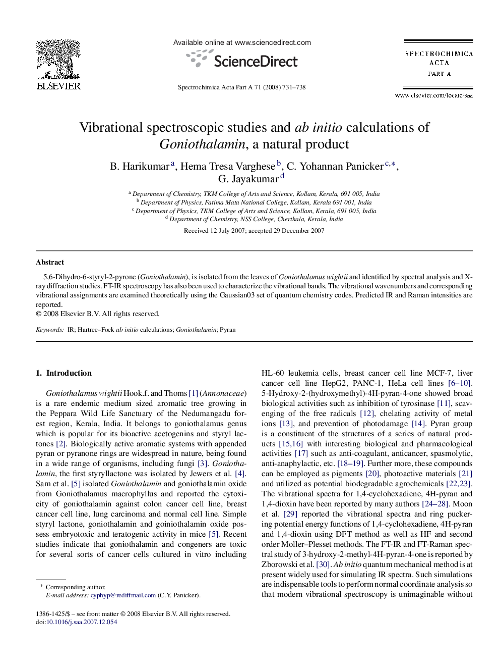 Vibrational spectroscopic studies and ab initio calculations of Goniothalamin, a natural product