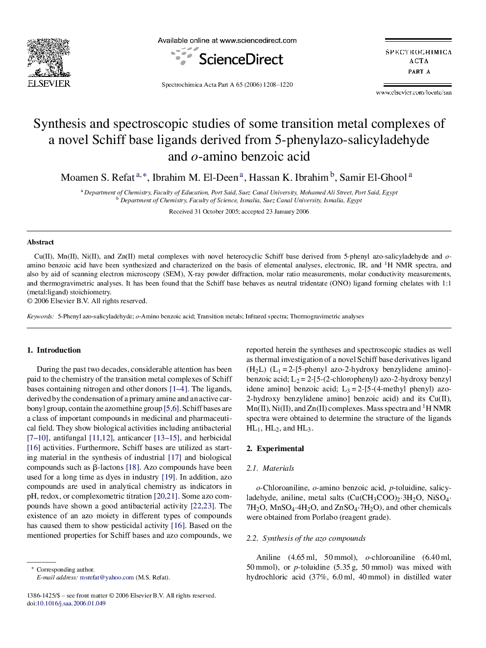 Synthesis and spectroscopic studies of some transition metal complexes of a novel Schiff base ligands derived from 5-phenylazo-salicyladehyde and o-amino benzoic acid