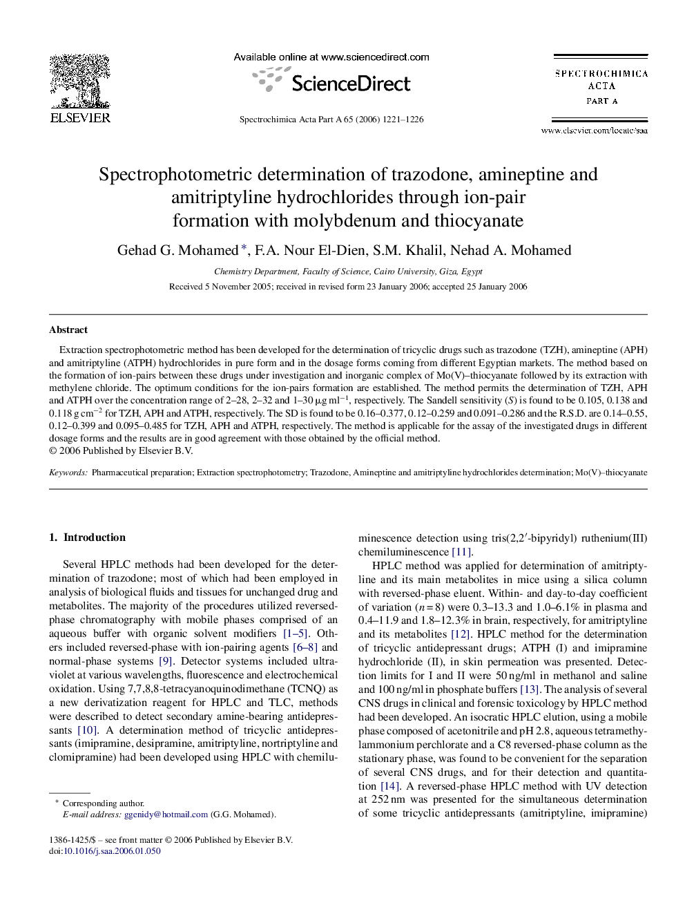 Spectrophotometric determination of trazodone, amineptine and amitriptyline hydrochlorides through ion-pair formation with molybdenum and thiocyanate