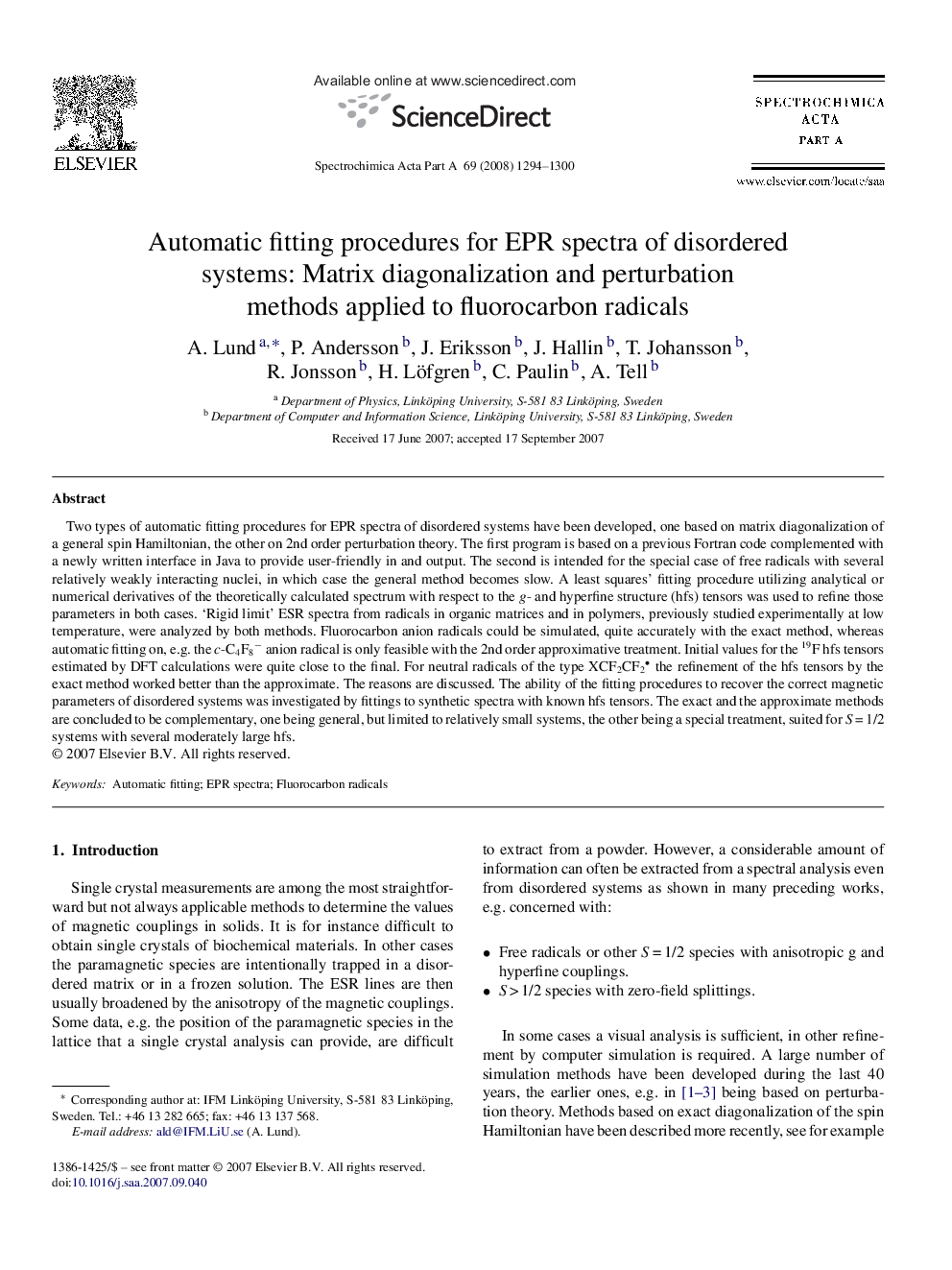 Automatic fitting procedures for EPR spectra of disordered systems: Matrix diagonalization and perturbation methods applied to fluorocarbon radicals