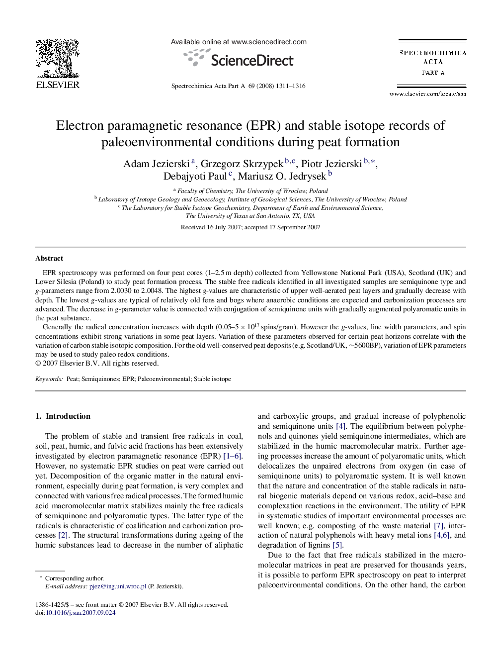 Electron paramagnetic resonance (EPR) and stable isotope records of paleoenvironmental conditions during peat formation