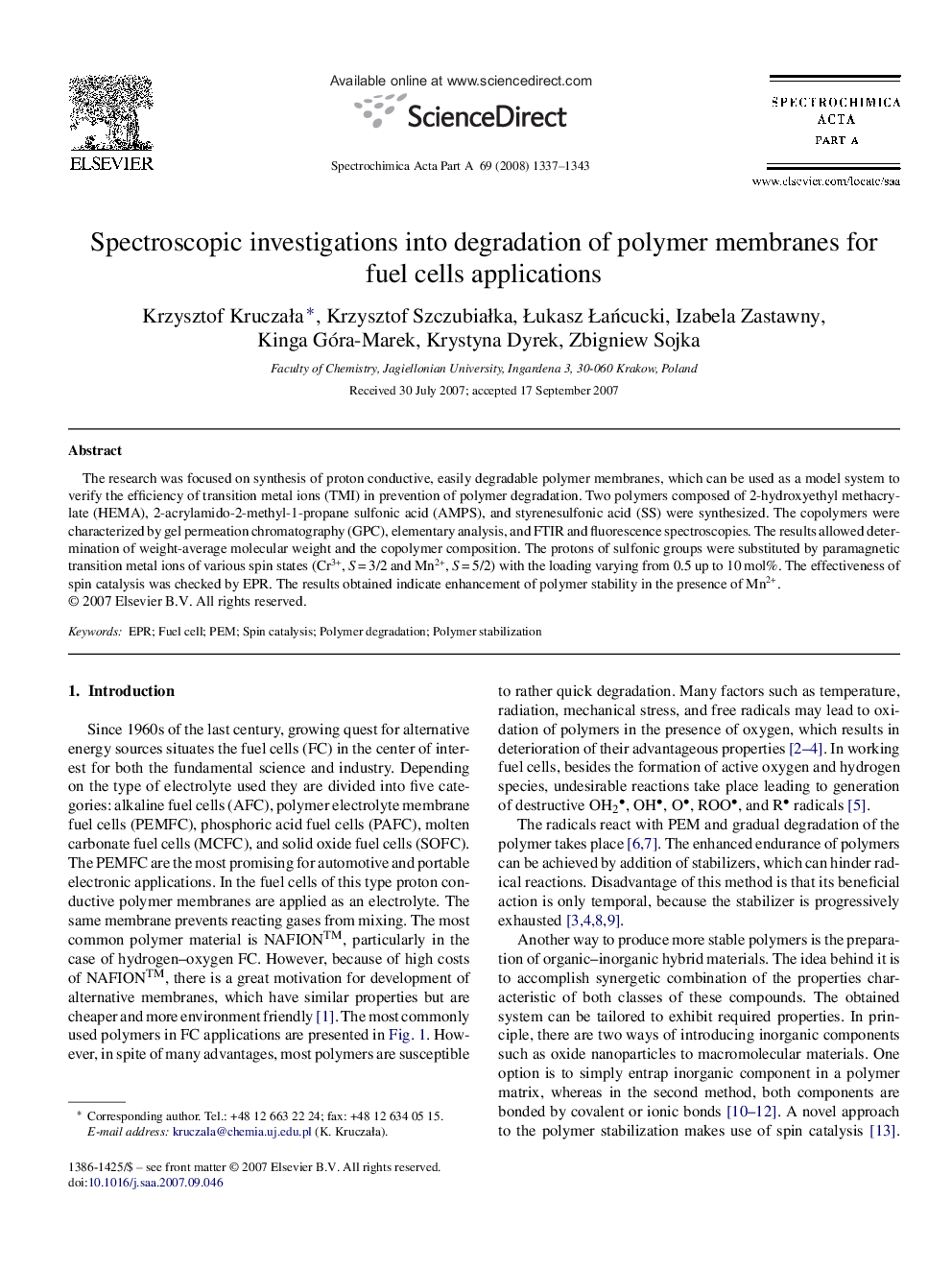 Spectroscopic investigations into degradation of polymer membranes for fuel cells applications