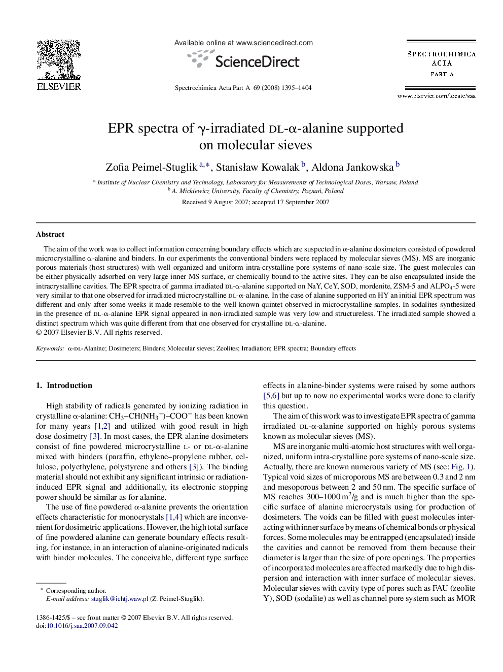 EPR spectra of γ-irradiated dl-α-alanine supported on molecular sieves