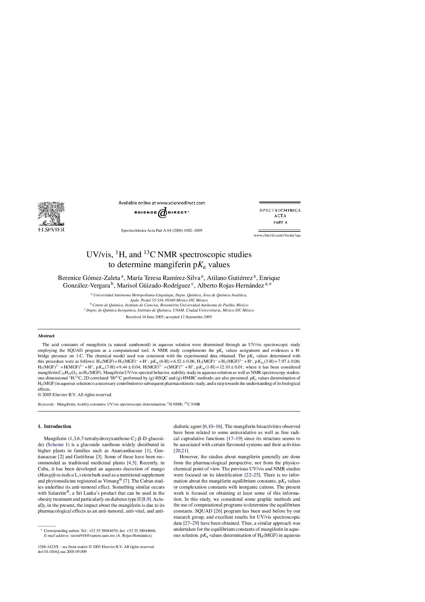 UV/vis, 1H, and 13C NMR spectroscopic studies to determine mangiferin pKa values