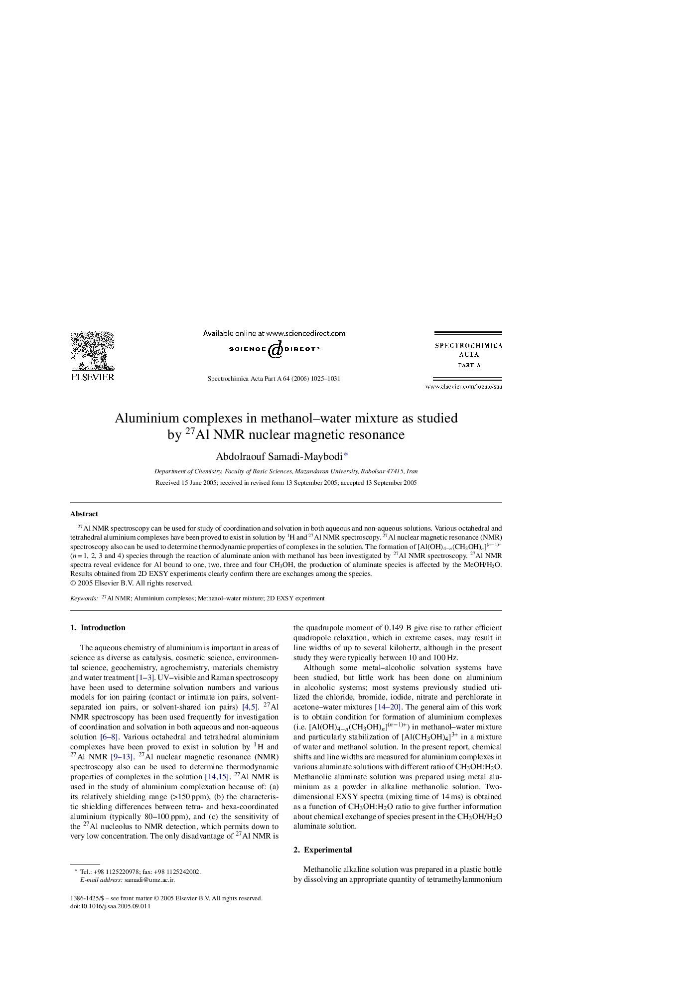 Aluminium complexes in methanol–water mixture as studied by 27Al NMR nuclear magnetic resonance