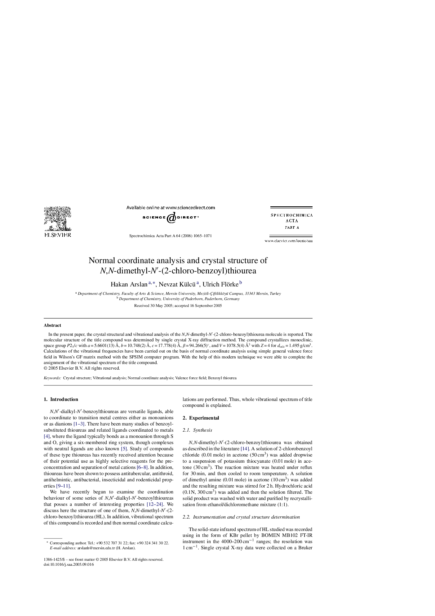 Normal coordinate analysis and crystal structure of N,N-dimethyl-N′-(2-chloro-benzoyl)thiourea