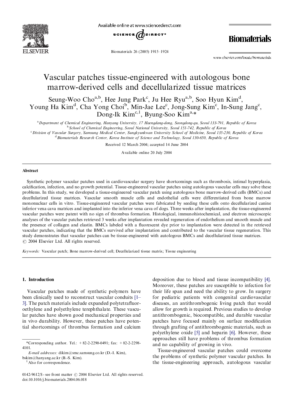 Vascular patches tissue-engineered with autologous bone marrow-derived cells and decellularized tissue matrices