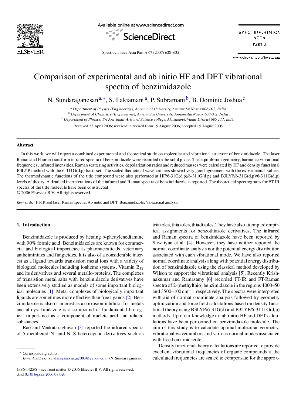 Comparison of experimental and ab initio HF and DFT vibrational spectra of benzimidazole