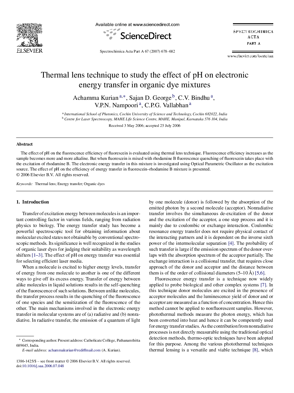 Thermal lens technique to study the effect of pH on electronic energy transfer in organic dye mixtures