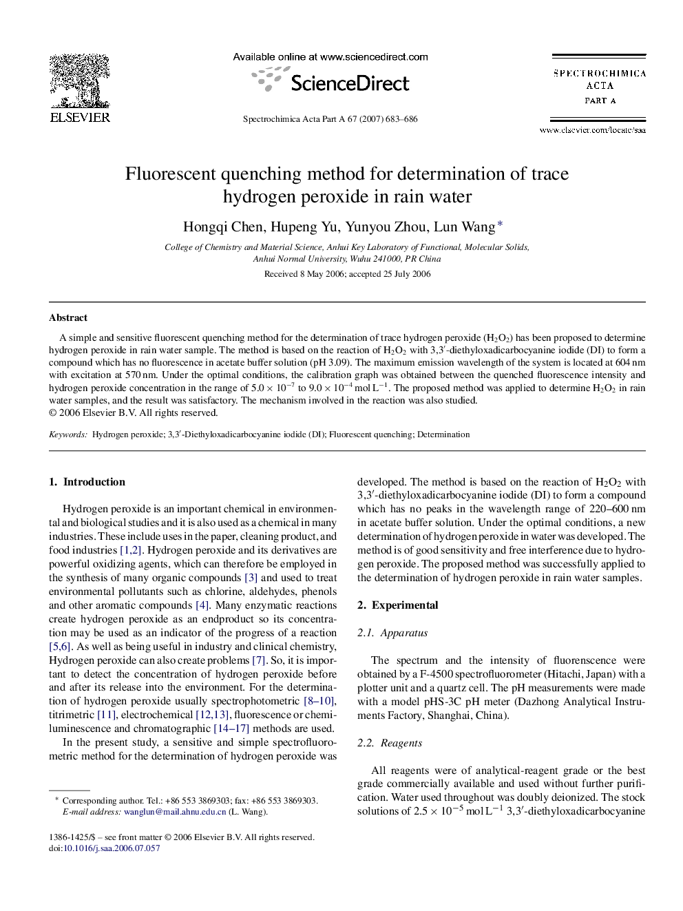 Fluorescent quenching method for determination of trace hydrogen peroxide in rain water
