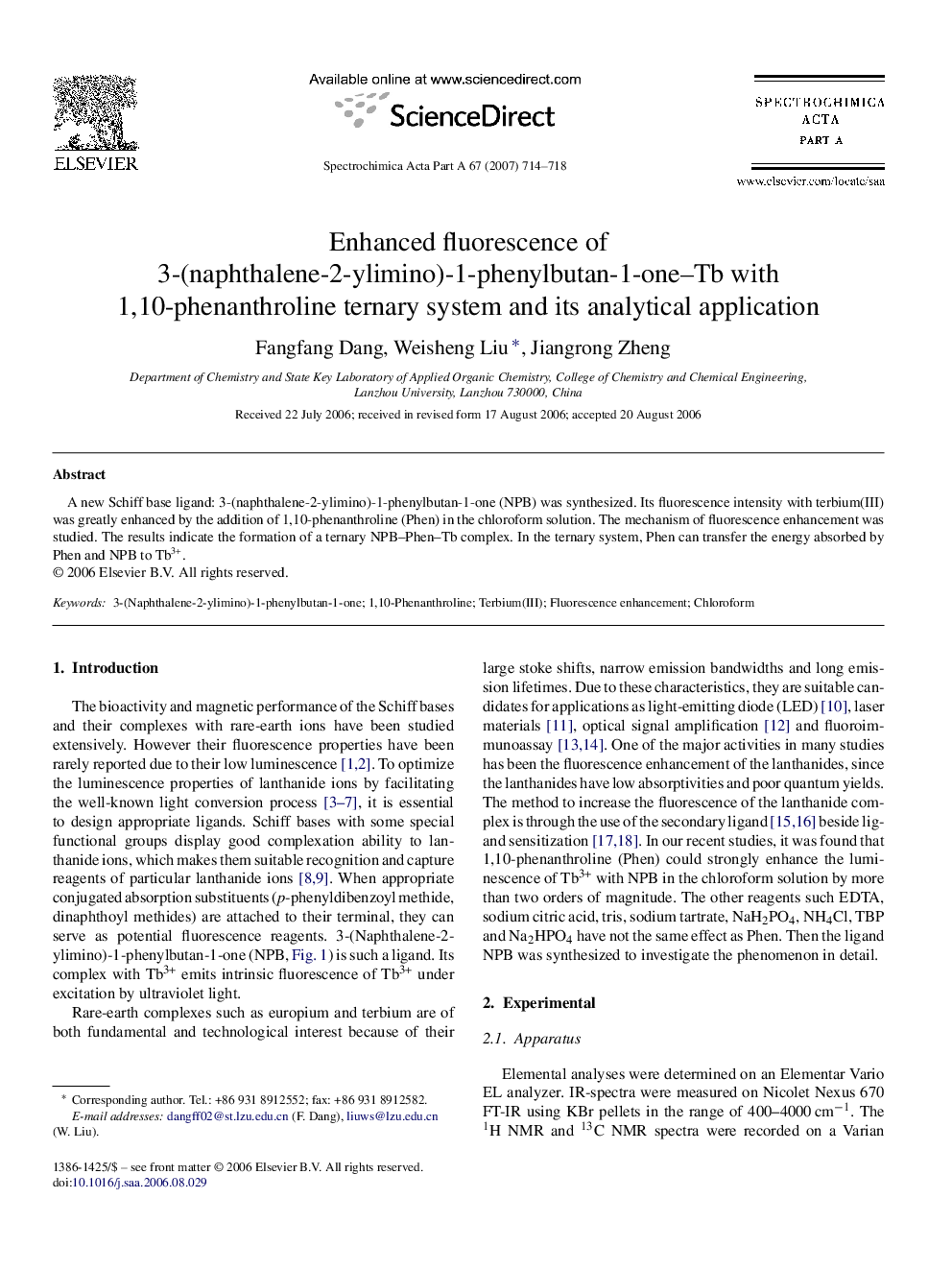 Enhanced fluorescence of 3-(naphthalene-2-ylimino)-1-phenylbutan-1-one–Tb with 1,10-phenanthroline ternary system and its analytical application