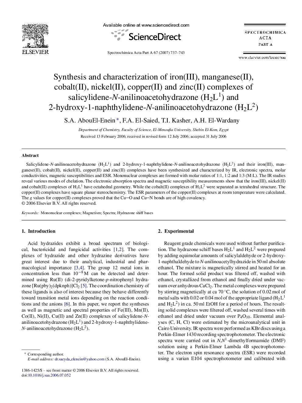 Synthesis and characterization of iron(III), manganese(II), cobalt(II), nickel(II), copper(II) and zinc(II) complexes of salicylidene-N-anilinoacetohydrazone (H2L1) and 2-hydroxy-1-naphthylidene-N-anilinoacetohydrazone (H2L2)