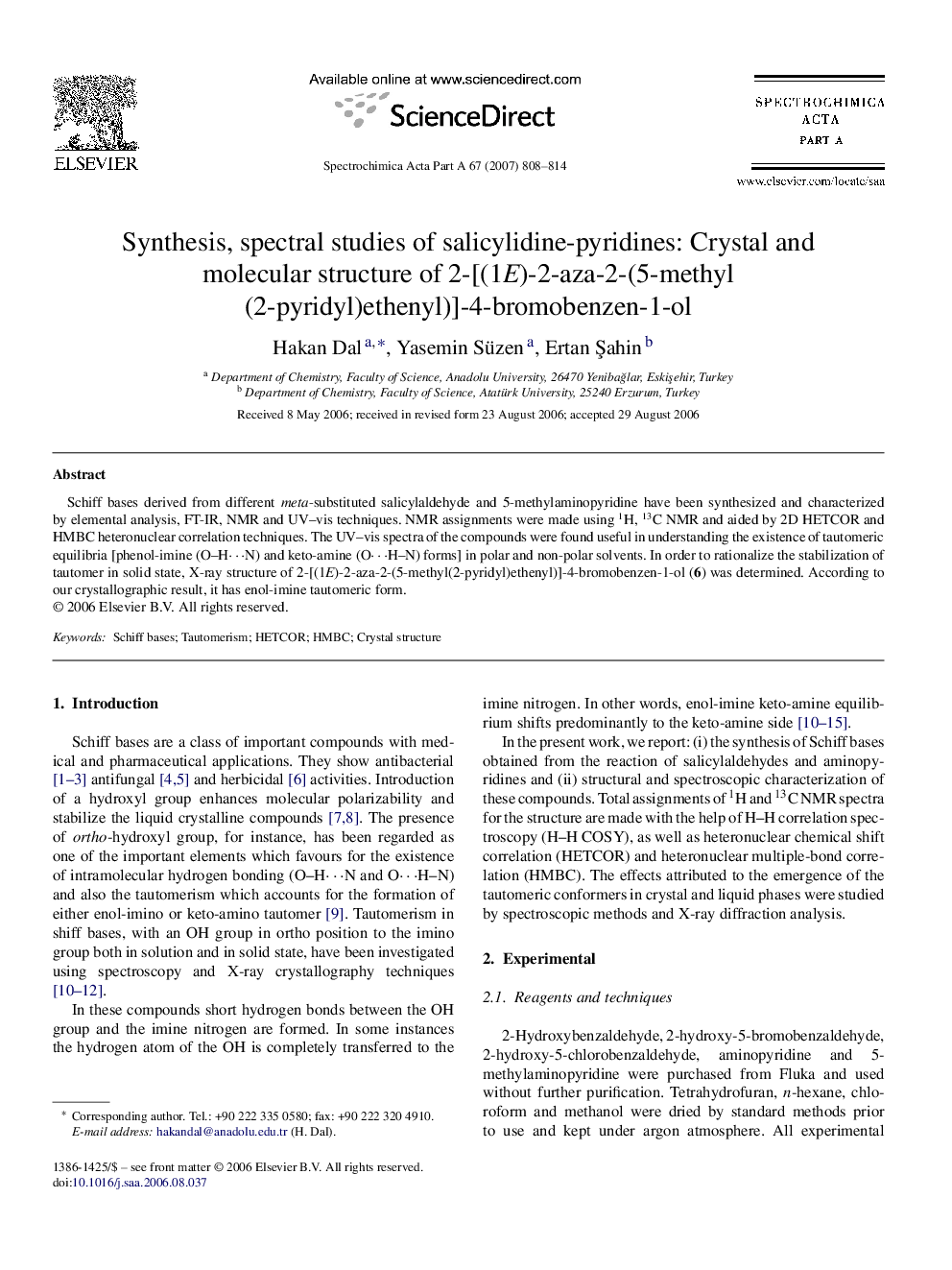 Synthesis, spectral studies of salicylidine-pyridines: Crystal and molecular structure of 2-[(1E)-2-aza-2-(5-methyl(2-pyridyl)ethenyl)]-4-bromobenzen-1-ol