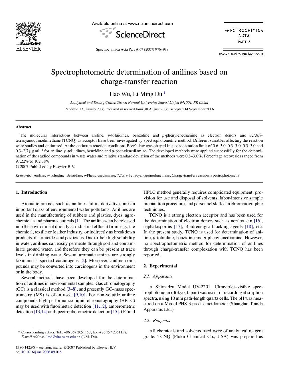 Spectrophotometric determination of anilines based on charge-transfer reaction