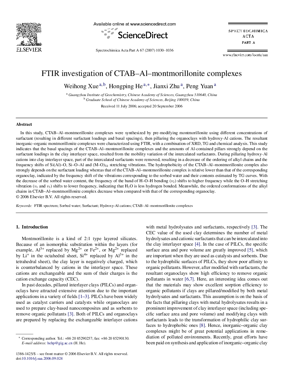 FTIR investigation of CTAB–Al–montmorillonite complexes