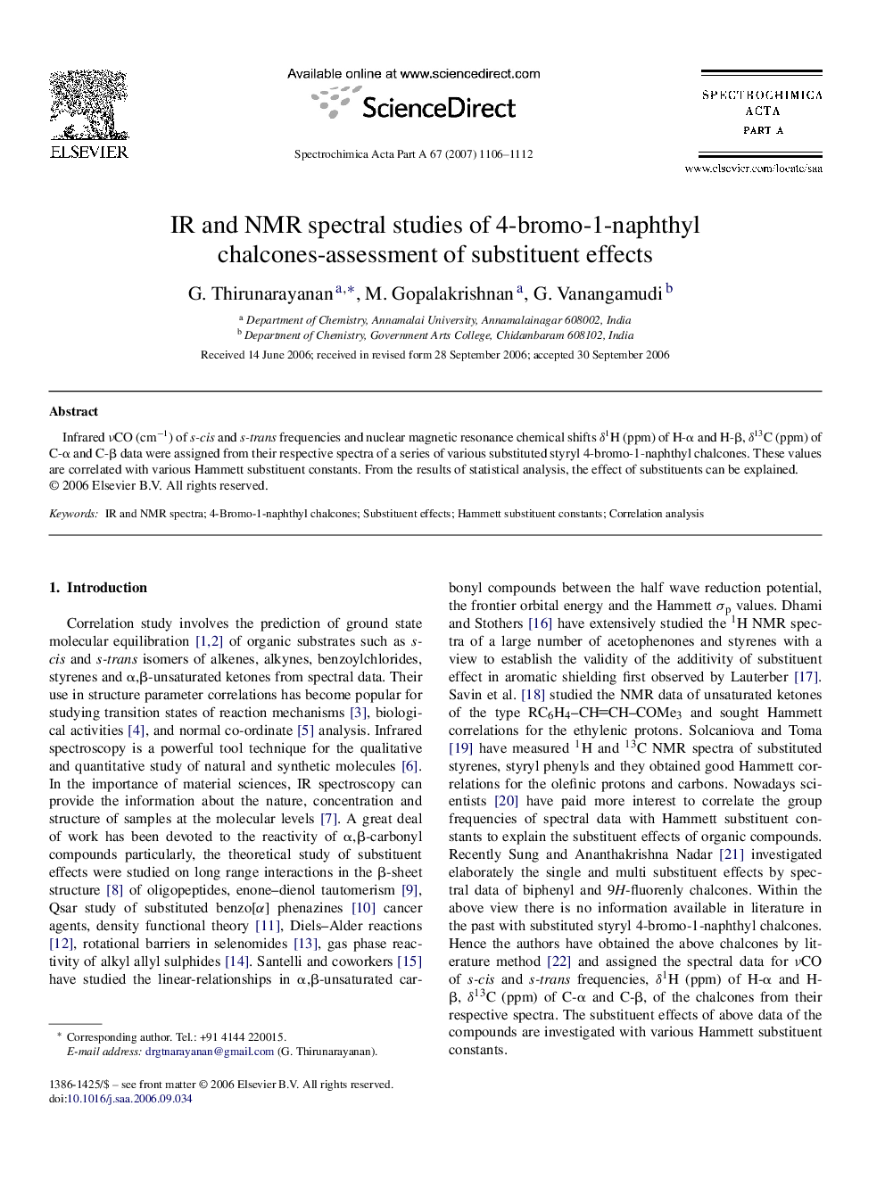 IR and NMR spectral studies of 4-bromo-1-naphthyl chalcones-assessment of substituent effects