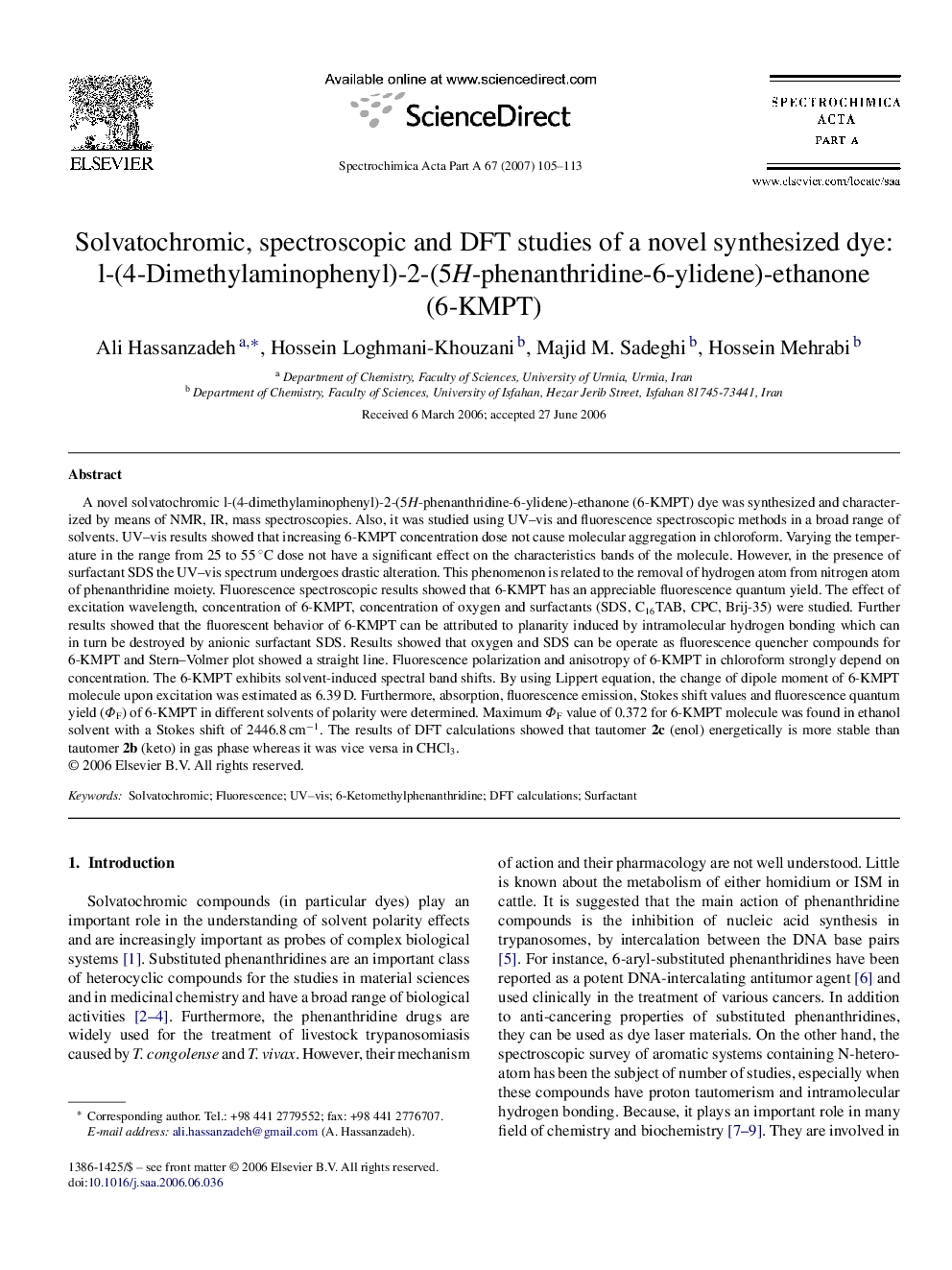 Solvatochromic, spectroscopic and DFT studies of a novel synthesized dye: l-(4-Dimethylaminophenyl)-2-(5H-phenanthridine-6-ylidene)-ethanone (6-KMPT)