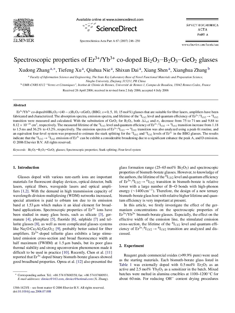 Spectroscopic properties of Er3+/Yb3+ co-doped Bi2O3B2O3GeO2 glasses