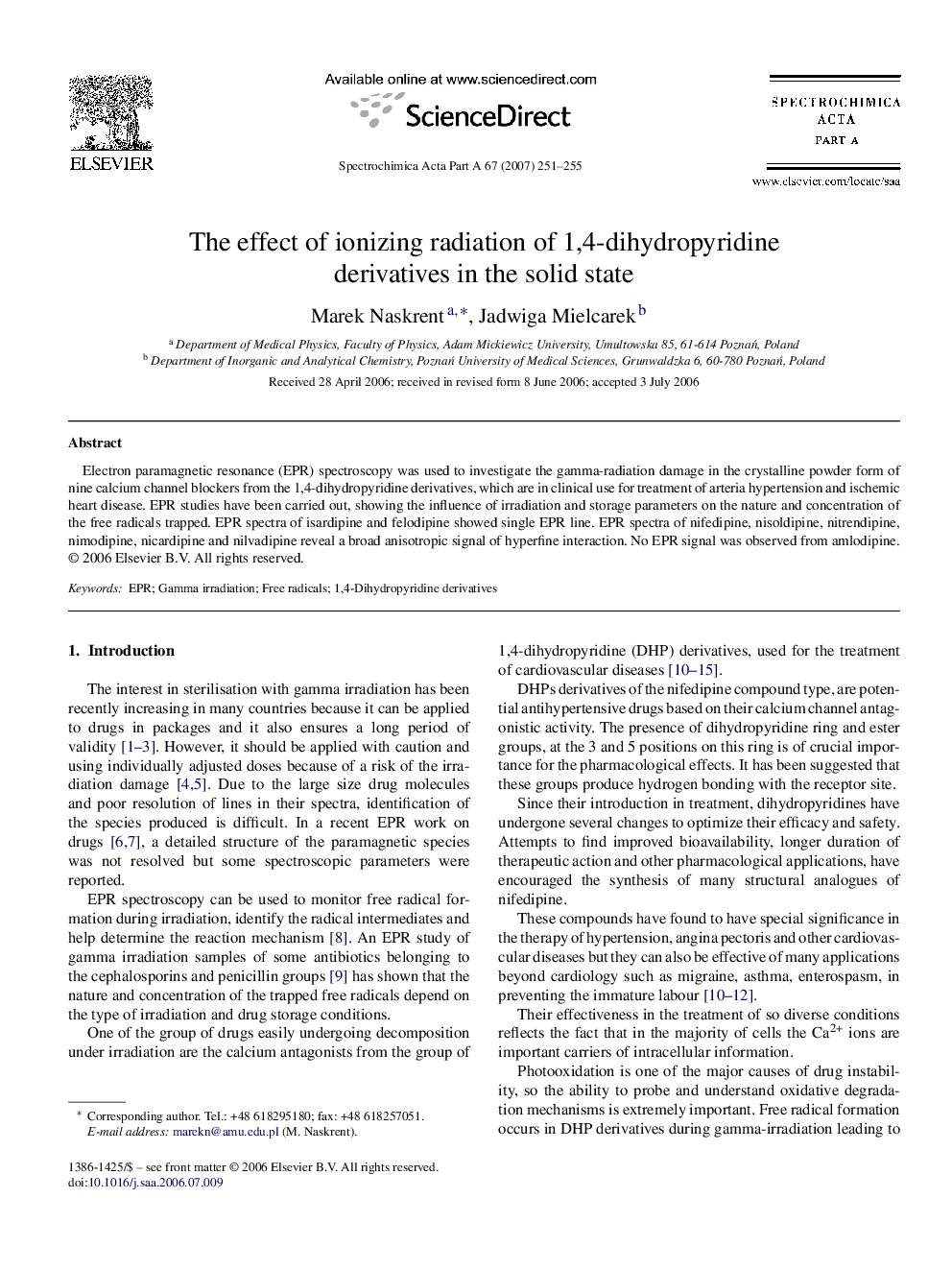 The effect of ionizing radiation of 1,4-dihydropyridine derivatives in the solid state