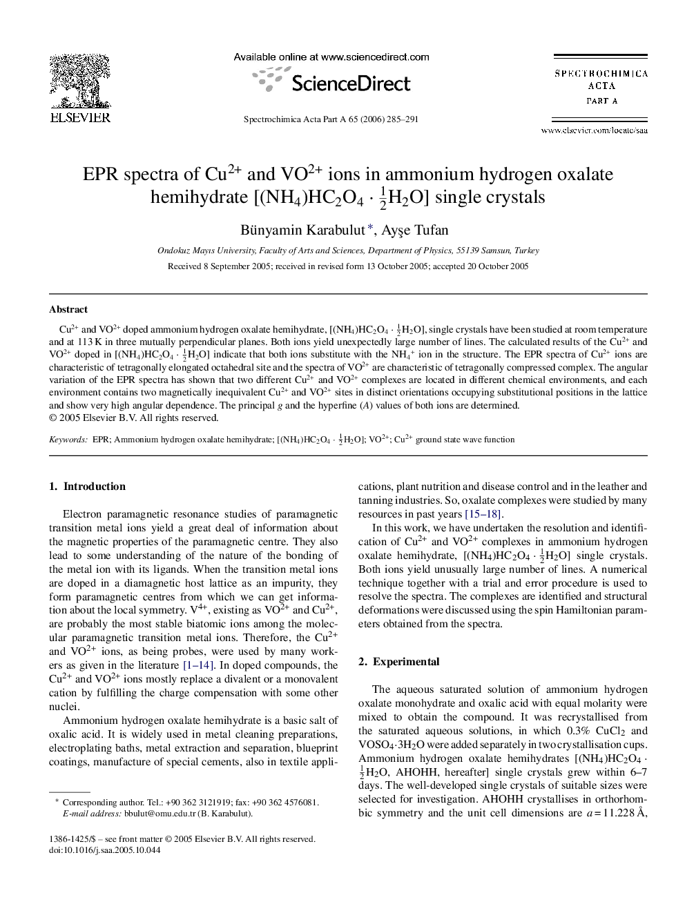 EPR spectra of Cu2+ and VO2+ ions in ammonium hydrogen oxalate hemihydrate [(NH4)HC2O4â12H2O] single crystals