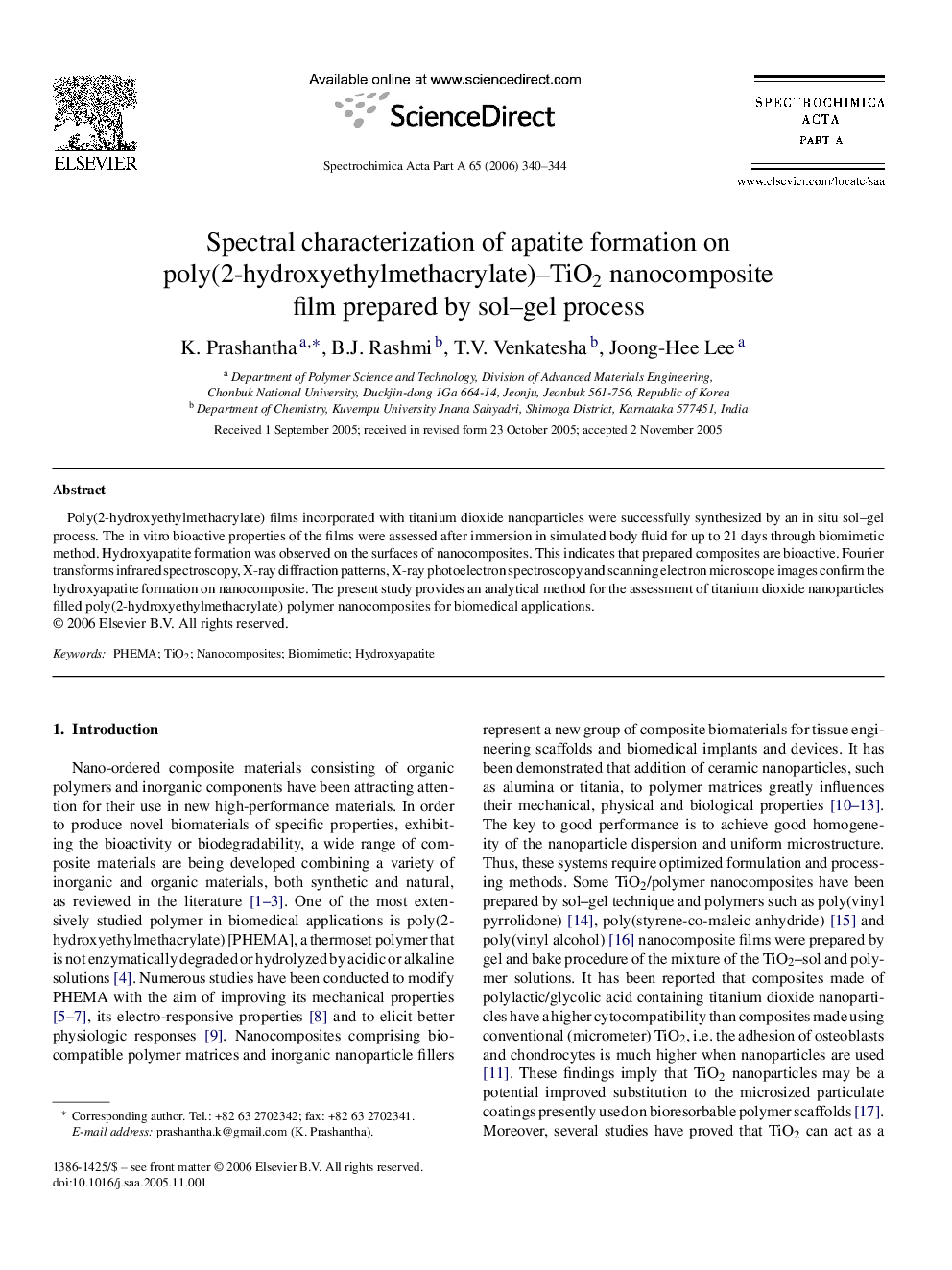 Spectral characterization of apatite formation on poly(2-hydroxyethylmethacrylate)–TiO2 nanocomposite film prepared by sol–gel process