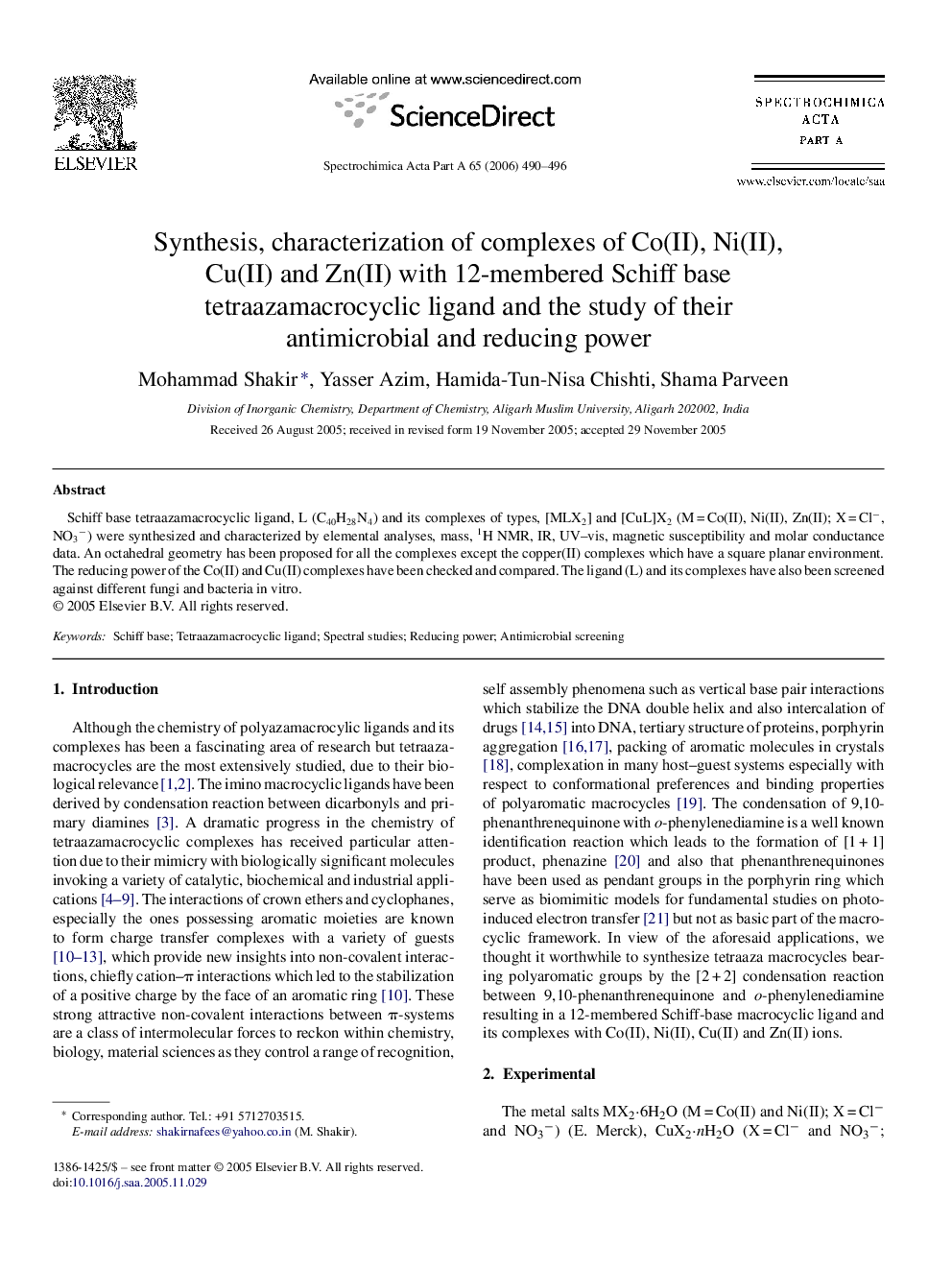 Synthesis, characterization of complexes of Co(II), Ni(II), Cu(II) and Zn(II) with 12-membered Schiff base tetraazamacrocyclic ligand and the study of their antimicrobial and reducing power