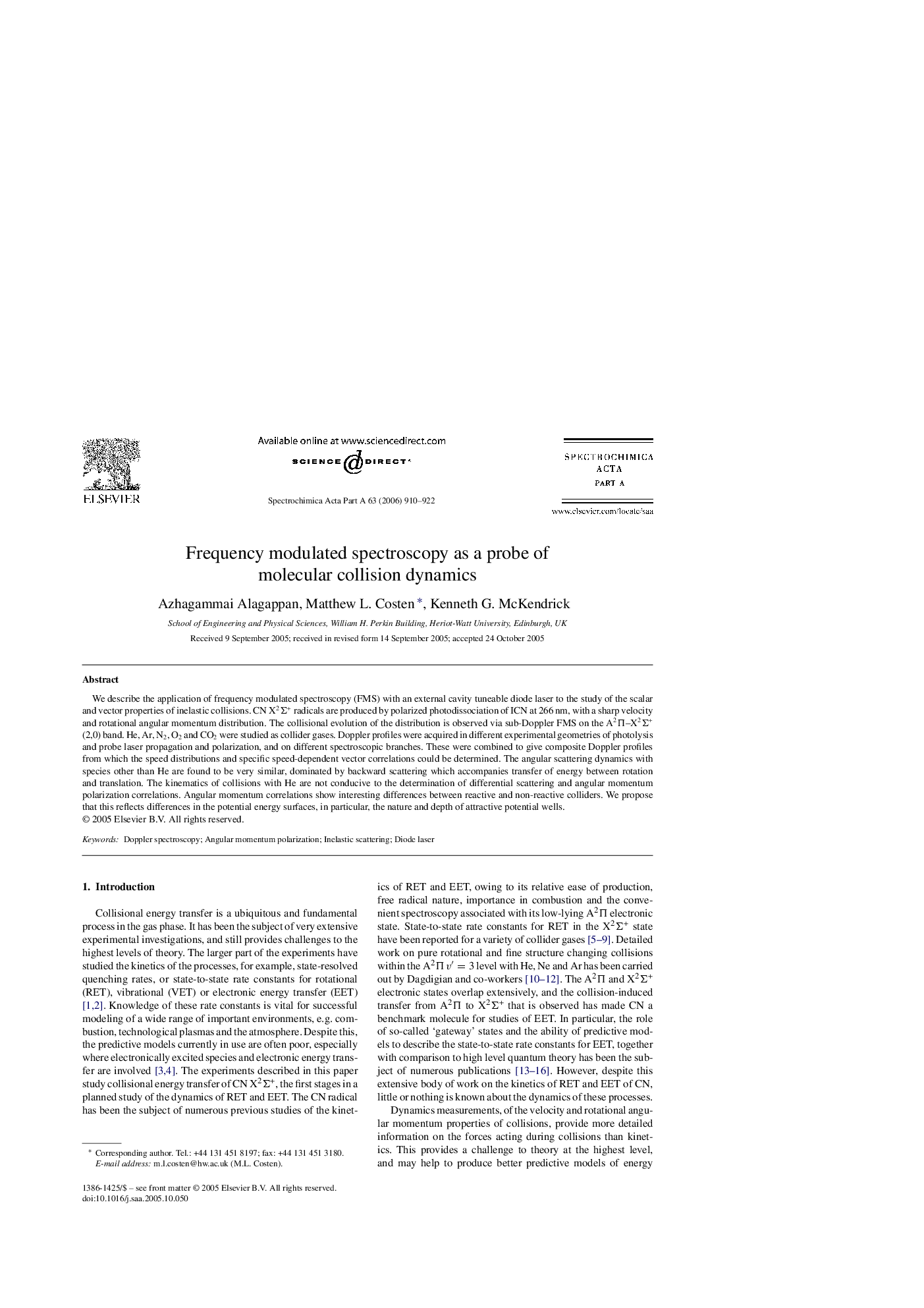 Frequency modulated spectroscopy as a probe of molecular collision dynamics