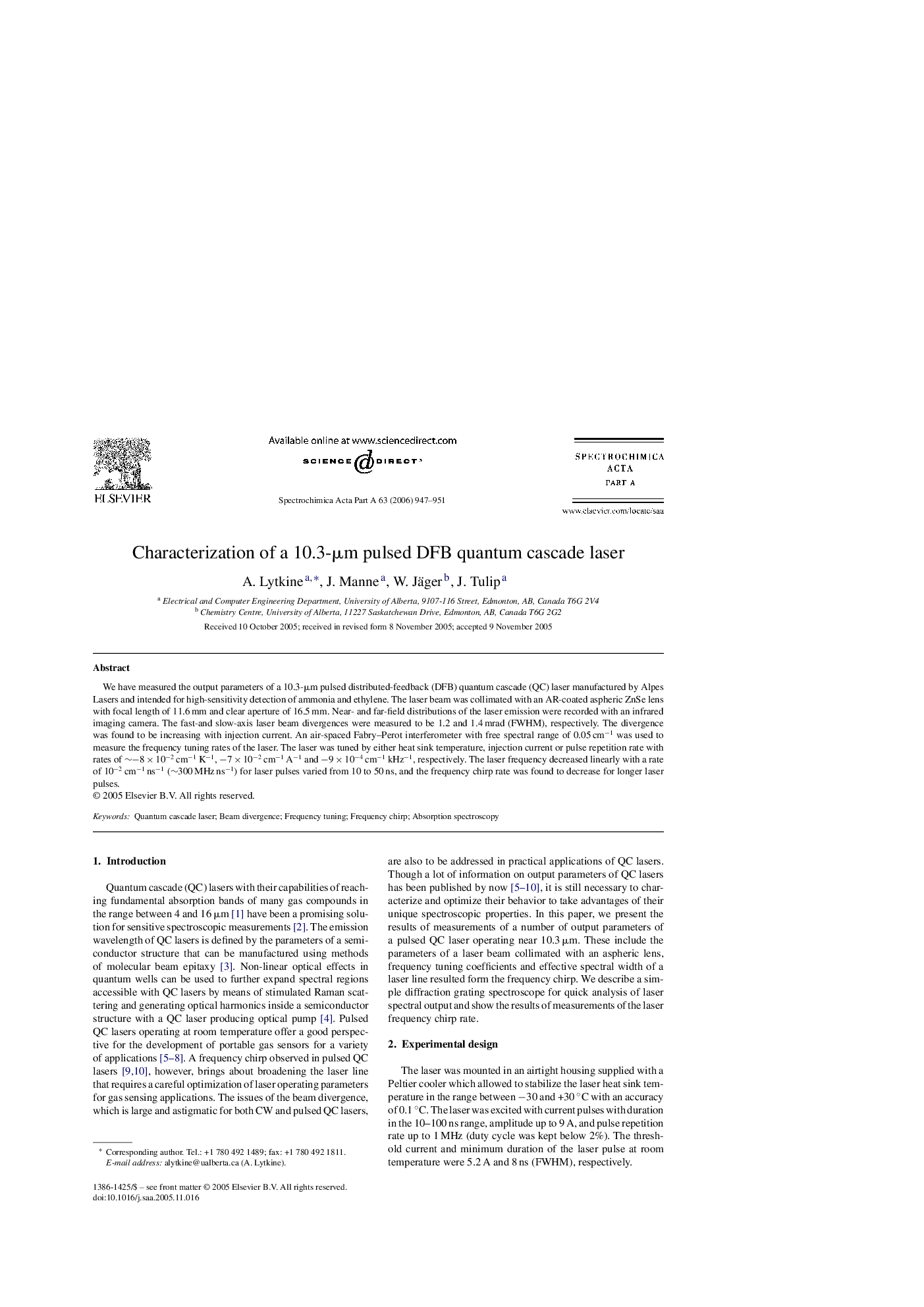 Characterization of a 10.3-μm pulsed DFB quantum cascade laser