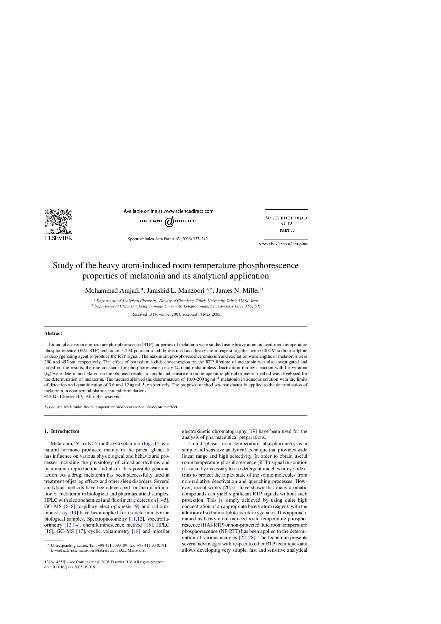 Study of the heavy atom-induced room temperature phosphorescence properties of melatonin and its analytical application