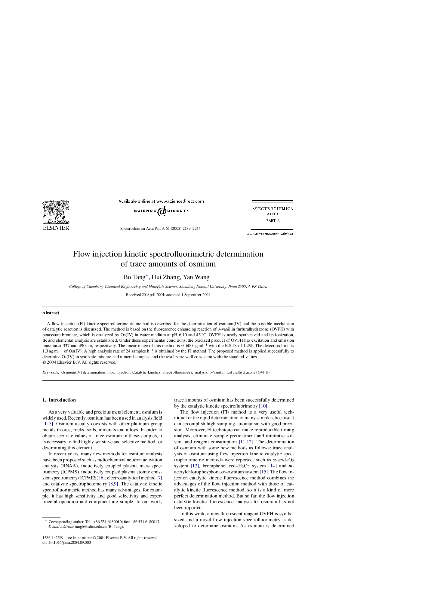 Flow injection kinetic spectrofluorimetric determination of trace amounts of osmium