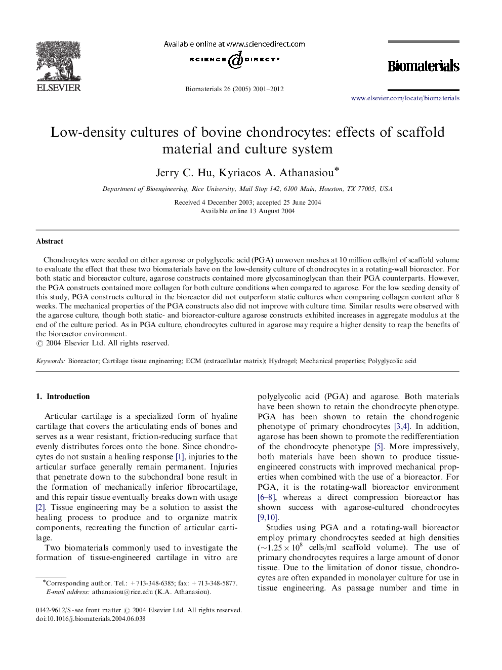 Low-density cultures of bovine chondrocytes: effects of scaffold material and culture system