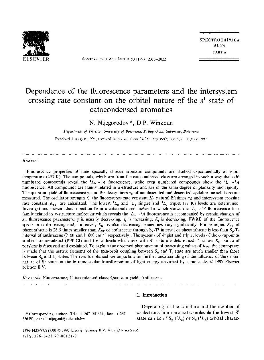 Dependence of the fluorescence parameters and the intersystem crossing rate constant on the orbital nature of the s1 state of catacondensed aromatics