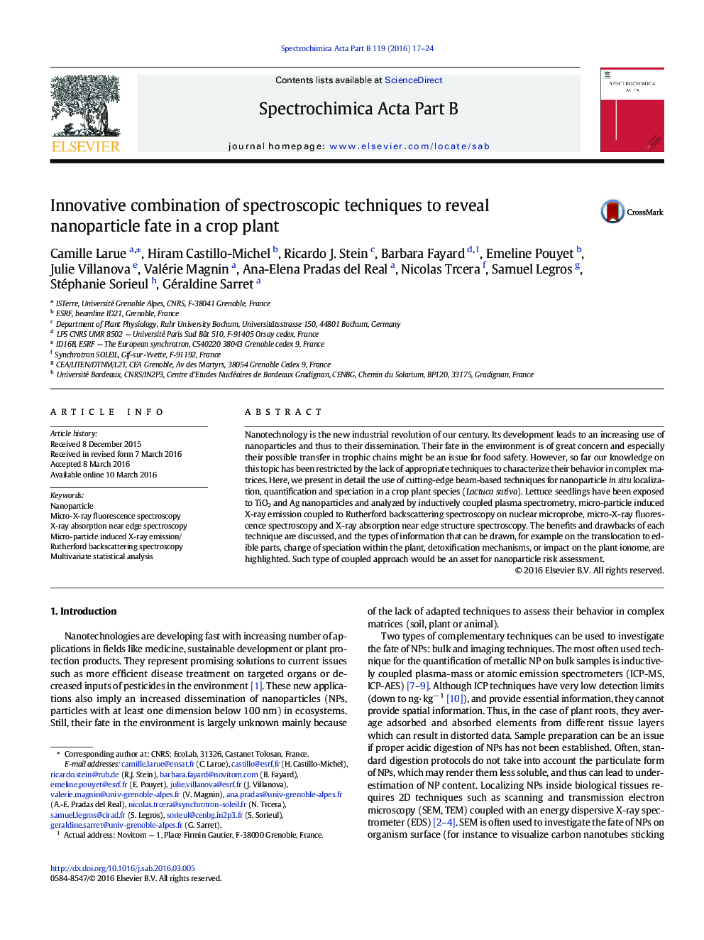 Innovative combination of spectroscopic techniques to reveal nanoparticle fate in a crop plant