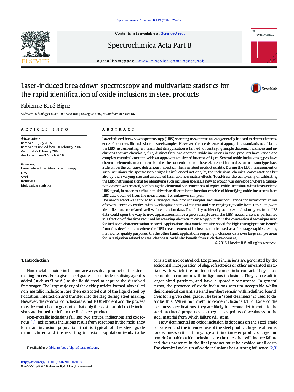 Laser-induced breakdown spectroscopy and multivariate statistics for the rapid identification of oxide inclusions in steel products