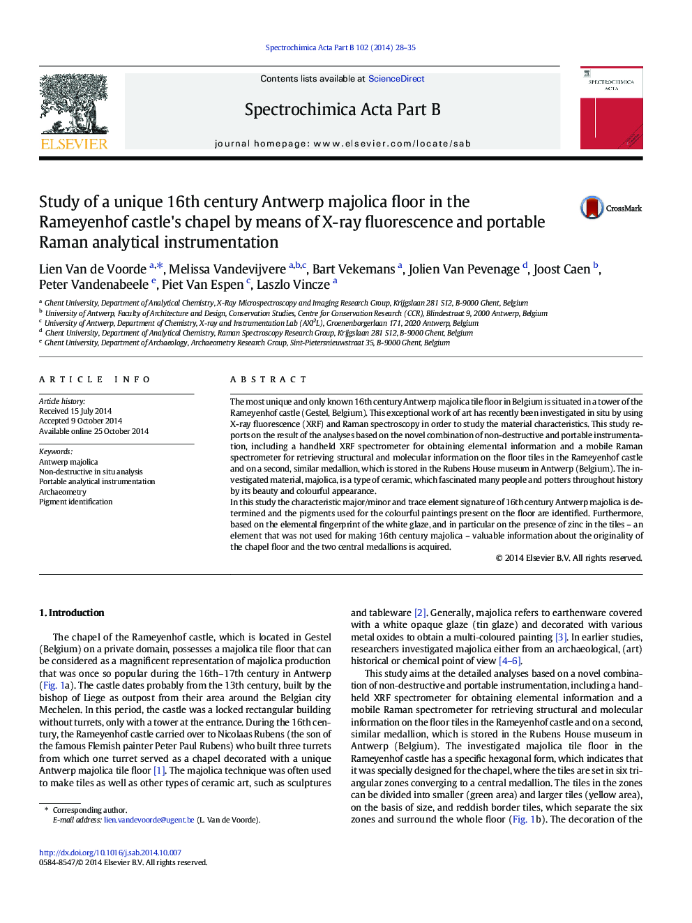 Study of a unique 16th century Antwerp majolica floor in the Rameyenhof castle's chapel by means of X-ray fluorescence and portable Raman analytical instrumentation