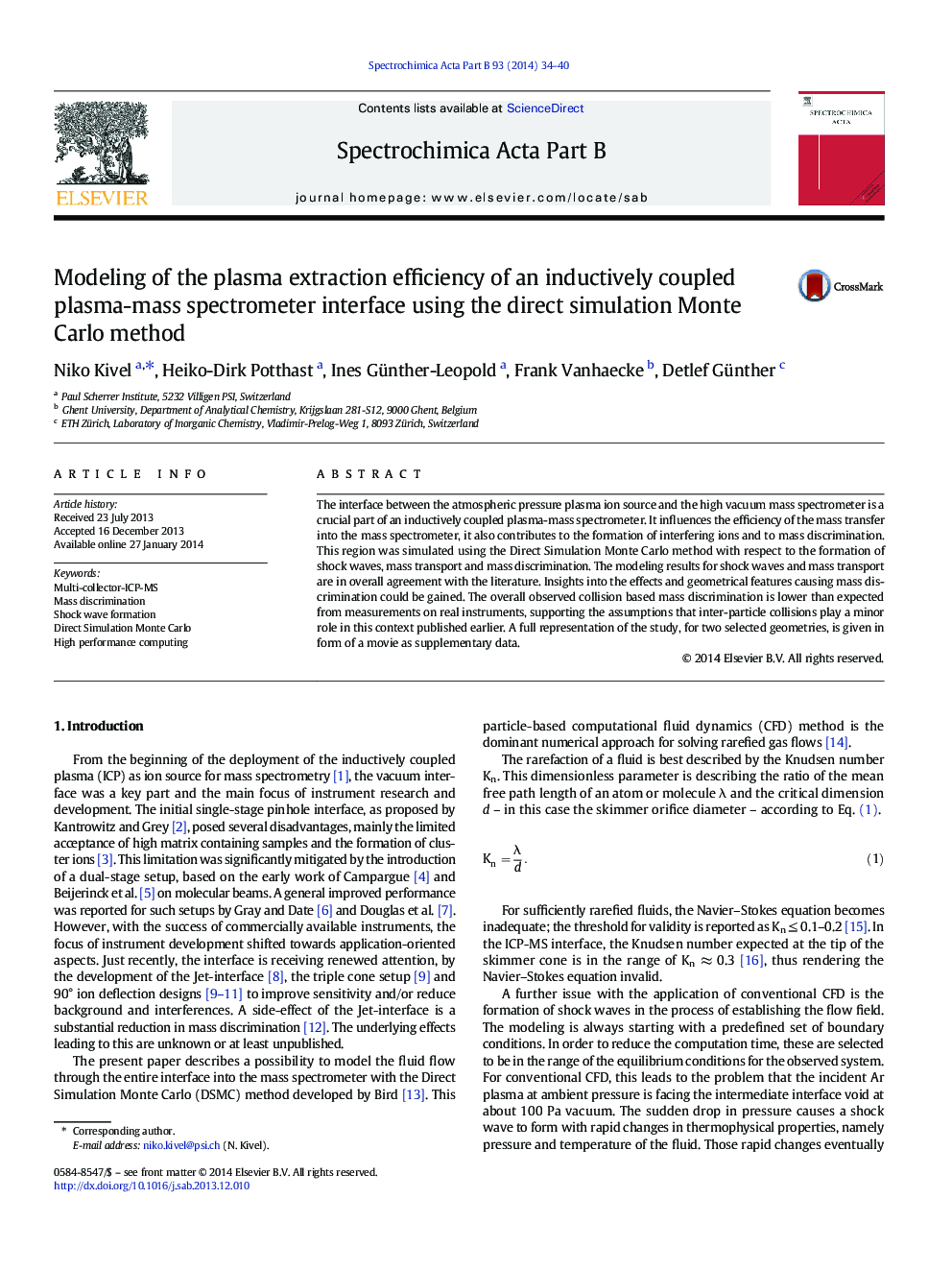 Modeling of the plasma extraction efficiency of an inductively coupled plasma-mass spectrometer interface using the direct simulation Monte Carlo method