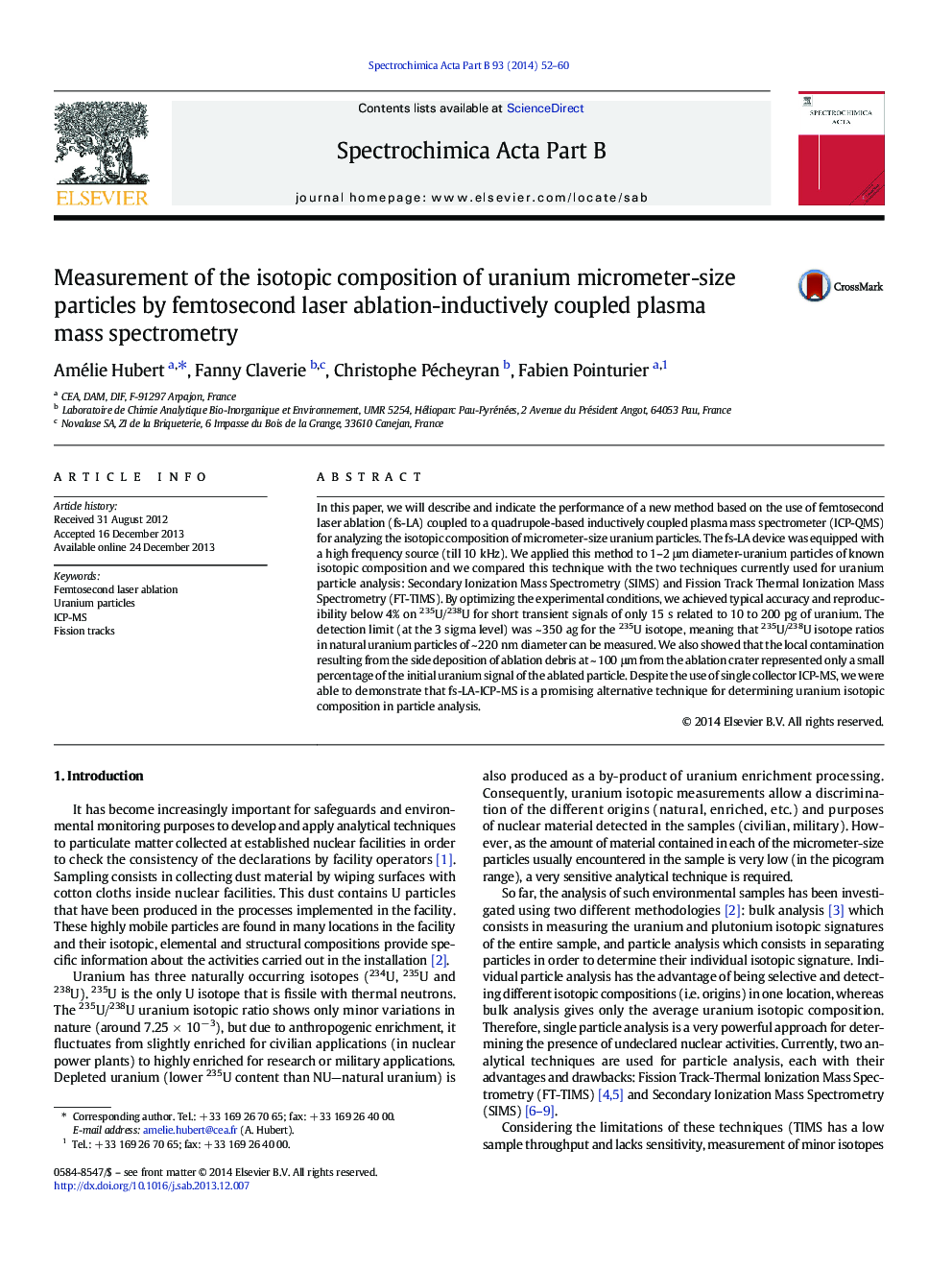 Measurement of the isotopic composition of uranium micrometer-size particles by femtosecond laser ablation-inductively coupled plasma mass spectrometry