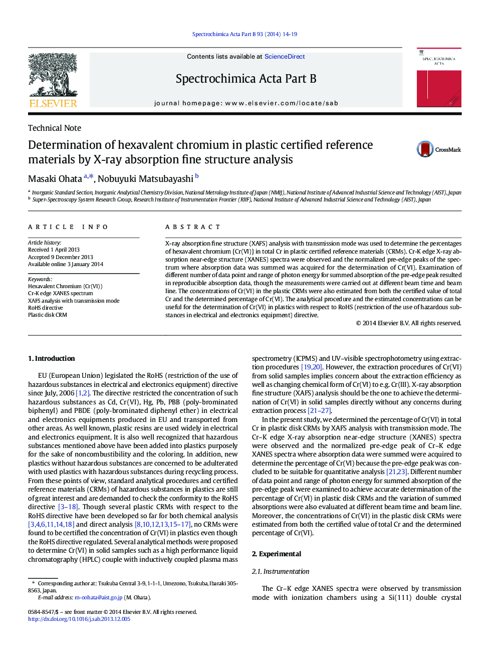 Determination of hexavalent chromium in plastic certified reference materials by X-ray absorption fine structure analysis